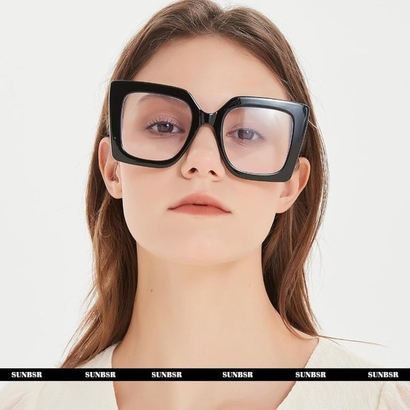 Women Black Grey Square Big Frame Blue Light Blocking Glasses - Picture 3 of 6